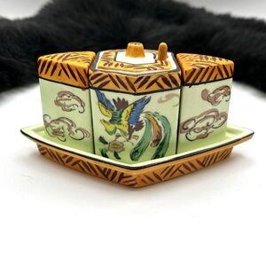 Vtg 6 pc Porcelain Mustard Jar, Salt & Pepper Shaker w/Tray Condiment Set Japan